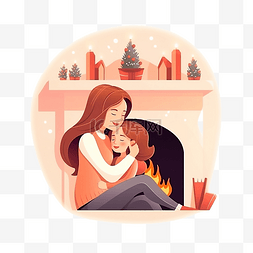 妈妈抱宝宝图片_平安夜，一个女孩亲吻坐在壁炉旁
