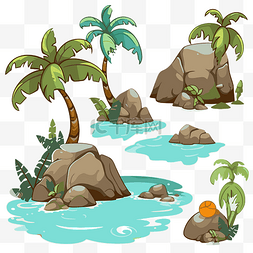 热带剪贴画卡通岛屿在水中有岩石