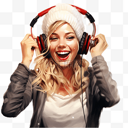 戴耳机听音乐图片_庆祝圣诞假期的女孩戴着耳机和舞
