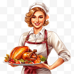 感恩节快乐女厨师拿着火鸡餐厅秋