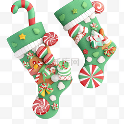派对袜子图片_3d 插图冬青和糖果圣诞装饰袜子