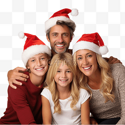 圣诞节时戴着圣诞帽的一家人看着