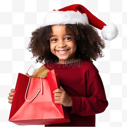 圣诞老人和小孩图片_一个戴着圣诞帽和手提袋的快乐黑