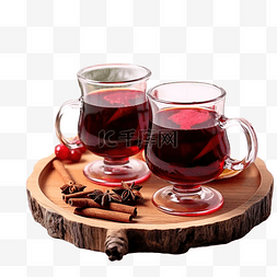 葡萄酒餐桌图片_圣诞节的木盘上放着玻璃杯，上面