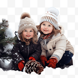 冬天的户外图片_有趣的小孩子住在圣诞雪树下的户