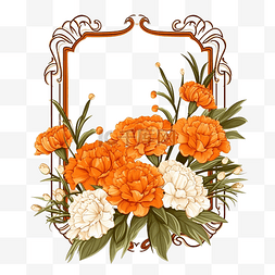 美丽的橙花图片_金框上有白花和叶花束的橙色康乃