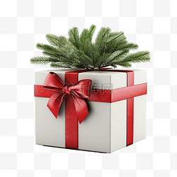 红丝带红星图片_有红丝带和圣诞树枝的礼品盒