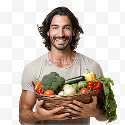 提着一篮子蔬菜的男人微笑着建议
