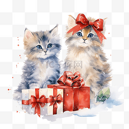 圣诞水彩画，有圣诞可爱的猫和礼
