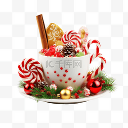 茶图片_圣诞咖啡杯，配有糖果和节日装饰