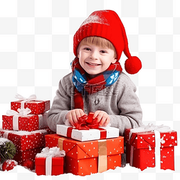 戴着红帽子的孩子，带着圣诞礼物