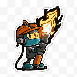 机器人角色在贴纸剪贴画上举着火