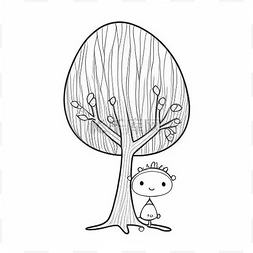 一个孩子在树下的黑白画