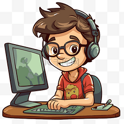卡通男孩玩电脑图片_一个男孩在电脑上玩游戏的 youtube 