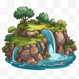 地形剪贴画卡通岩石瀑布在湖中央