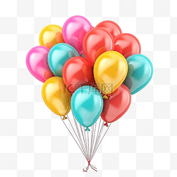 一堆彩色气球的 3D 插图，带有丝
