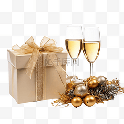 有圣诞节装饰和香槟杯的礼品盒