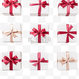 快乐有礼图片_一组圣诞白色礼盒，桌上有红丝带