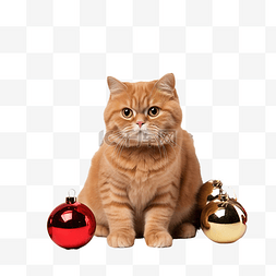 红色苏格兰折耳猫红猫坐在圣诞树