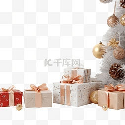 冬天温暖的窗户图片_圣诞室内装饰，配有礼品盒和圣诞
