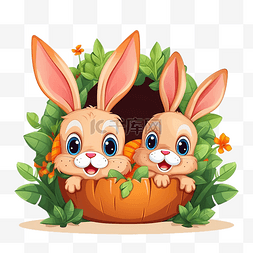 复活节图片_PNG兔子角色从鸡蛋中偷看胡萝卜有