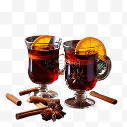 红酒png红酒图片_乡村木桌上放着两杯圣诞热酒，配