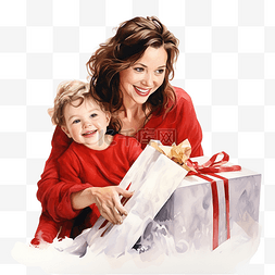 妈妈和大孩子图片_圣诞节时年轻母亲看着大红色袋子