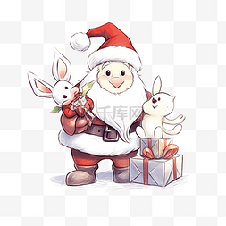 卡通风格圣诞老人雪人与兔子礼包