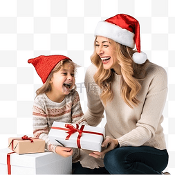戴着圣诞帽的年轻妈妈和女儿玩圣