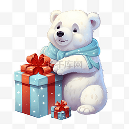 北极熊水彩图片_卡通可爱北极熊带着礼盒圣诞快乐