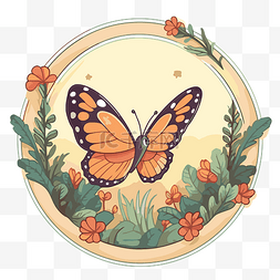 橙色花朵边框图片_圆框剪贴画中带有白色蝴蝶和橙色