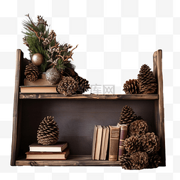 旧木架上有书籍和圣诞树，上面有