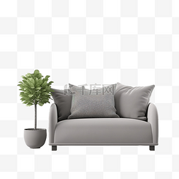 软垫沙发图片_带枕头和花盆的现代灰色沙发