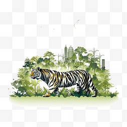 老虎世界野生动物日森林剪影以野