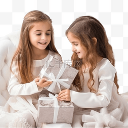友谊装饰图片_美丽的姐妹在圣诞树附近包装和装
