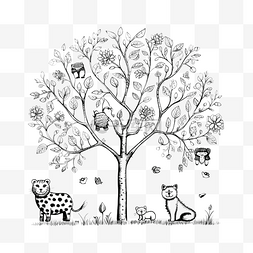 花园里的树卡通铅笔画风格的动物