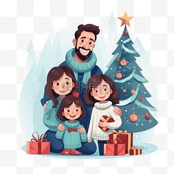 幸福的家庭用圣诞树和礼物庆祝寒
