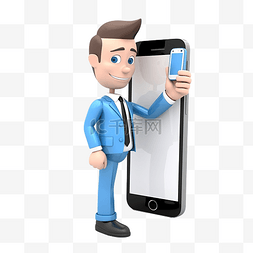 拿着手机玩图片_穿着蓝色衬衫的商人玩手机，用食
