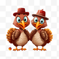 两只卡通可爱的火鸡祝感恩节快乐