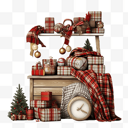 木墙上堆满格子和圣诞装饰品