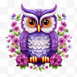 紫色猫头鹰与鲜花