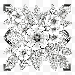 花卉黑白手绘图片_黑白手绘插图中的轮廓方形花卉插