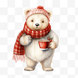 圣诞围巾插画图片_可爱的北极熊在溜冰鞋上戴着红帽