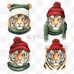 一组戴着针织圣诞帽和围巾的老虎