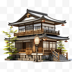 3d 两层日本房屋或餐厅旧复古风格