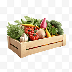 木盒与新鲜健康的蔬菜卡通 3D 渲