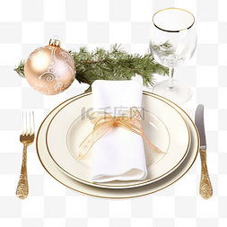 圣诞餐桌布置，配有盘子和香槟杯