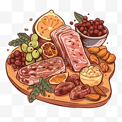 熟食剪贴画木盘装满肉和各种水果