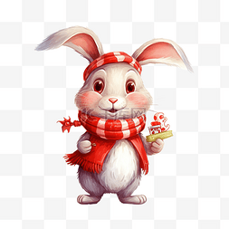圣诞围巾插画图片_戴着红围巾带着糖果的滑稽卡通兔