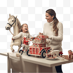 美食厨师图片_小女孩骑着玩具马和她的母亲在家